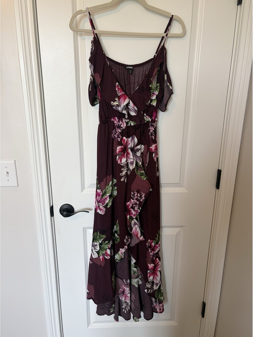 Express Womens M Dress Burgundy Floral Maxi Party Boho Cottagecore